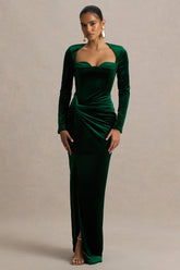 Fay | Bottle Green Velvet Corset Style Knot Maxi Dress
