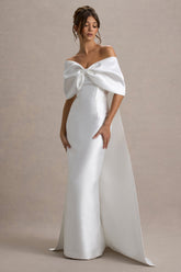 Wanting More | Off White Satin Cape Maxi Dress With Oversized Bow