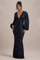 Kaelin | Navy Sequin Plunge-Neck Maxi Dress