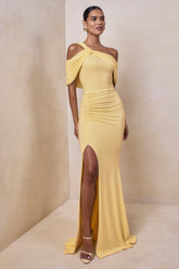 Nala | Lemon Asymmetric-Neck Maxi Dress With Gathered Detailing