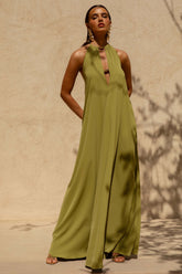 Zyon | Green High-Neck Maxi Dress with Cut-Out Details