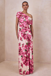 Emberly | Pink Hibiscus Floral Print Asymmetric Neck Maxi Dress With Drop Waist