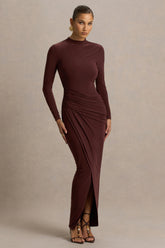 Zephyra | Brown High-Neck Wrapped Maxi Dress
