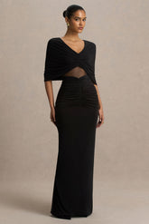 Zinnie | Black Cape-Sleeve Maxi Dress With Mesh Panel