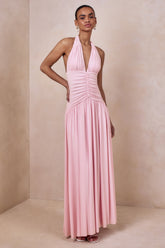 Bettina | Pink Plunge-Neck Maxi Dress With Gathered-Detailing