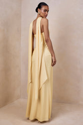 Charly | Lemon Matte Satin Bandeau Maxi Dress With Scarf-Detail